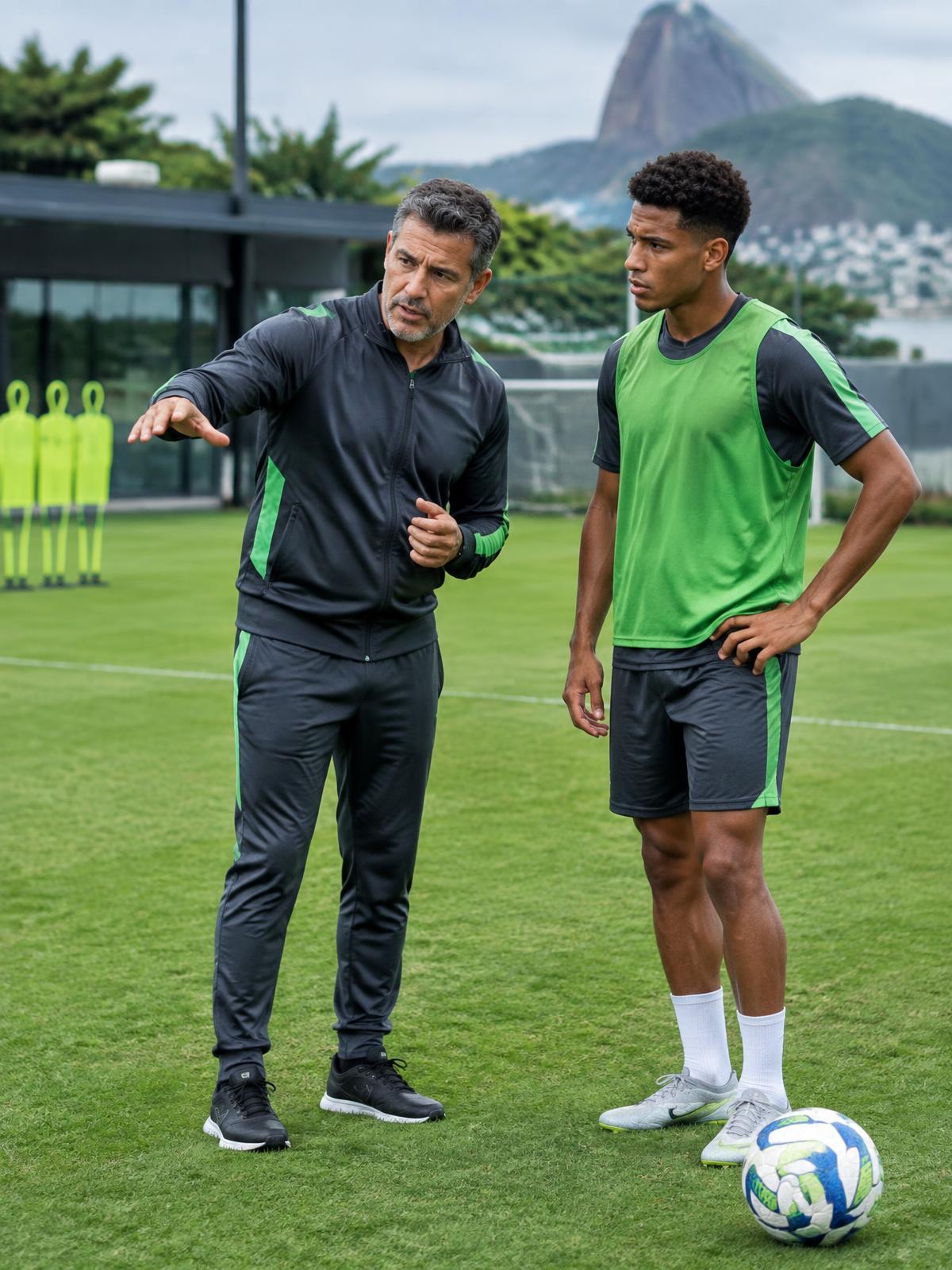 Treinador acompanhando um atleta no campo