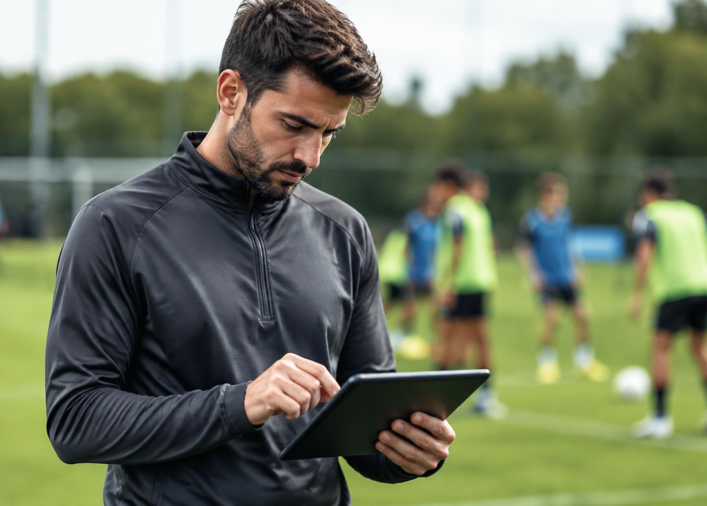 Treinador analisando dados de atletas em um tablet